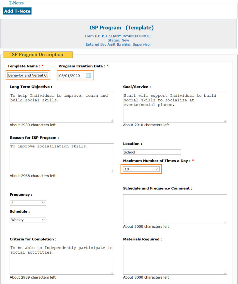 Create ISP Program Template Therap Global